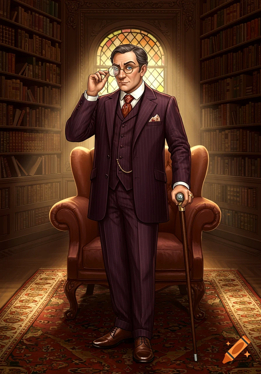 Illustrated portrait of a man in a pinstriped suit holding a monocle and cane, standing in a library with bookshelves and a stained-glass window.