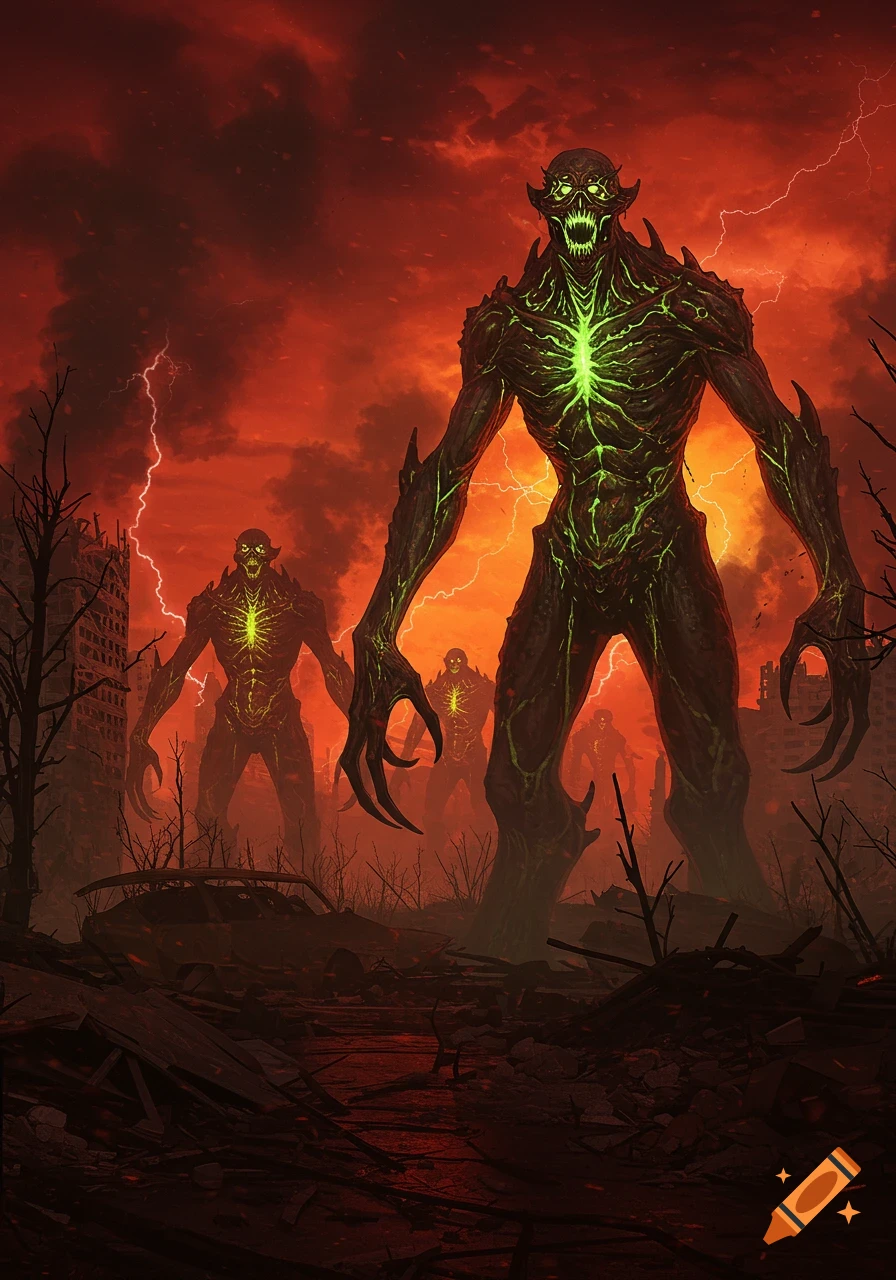 Giant monstrous creatures with glowing green chests and sharp teeth stand in a fiery, apocalyptic cityscape under a lightning-filled red sky.