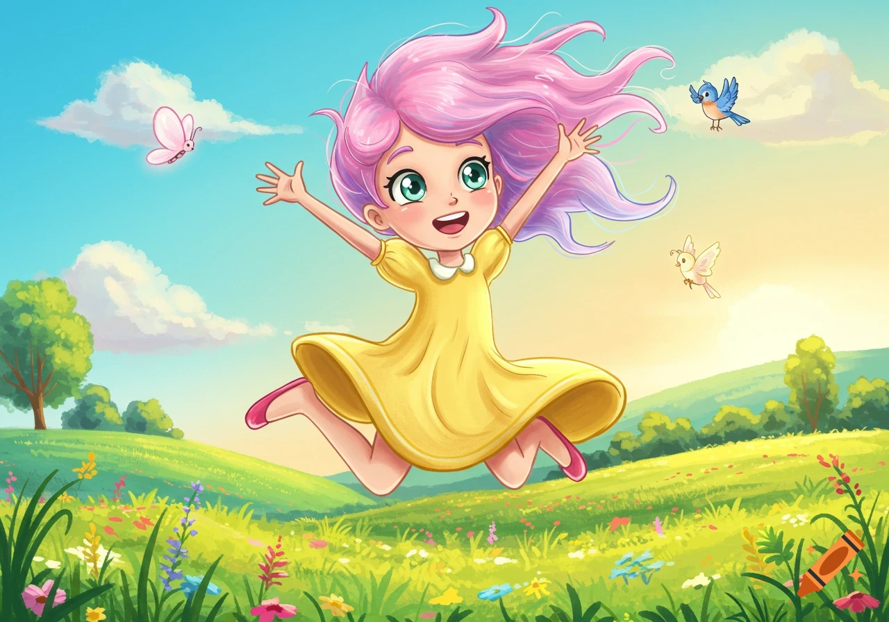 A happy cartoon girl with pink hair jumps in a sunny, green field with colorful flowers, birds, and a butterfly.