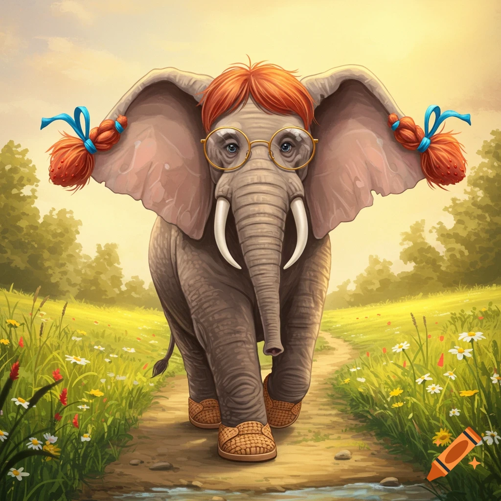 A cartoon elephant wearing red pigtails, round glasses, and woven shoes walks on a dirt path through a sunny, green field filled with flowers.