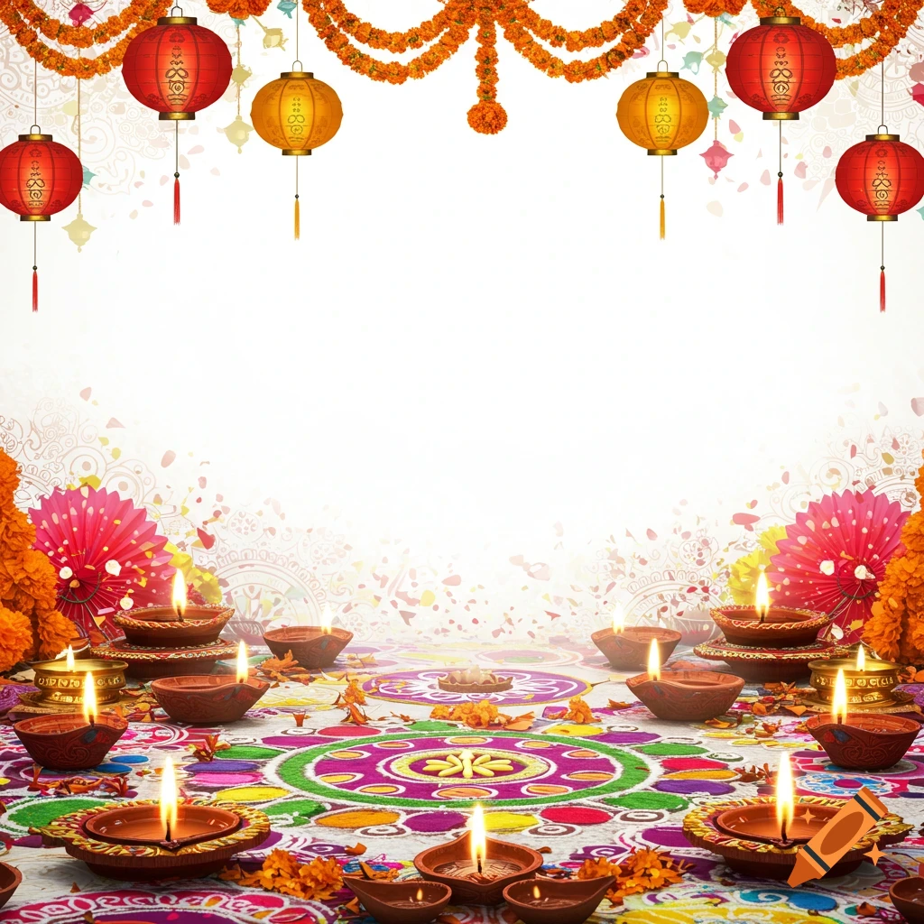 Vibrant festival backdrop with marigold garlands, red and yellow lanterns, a colorful rangoli, and numerous lit clay diyas on a white background.