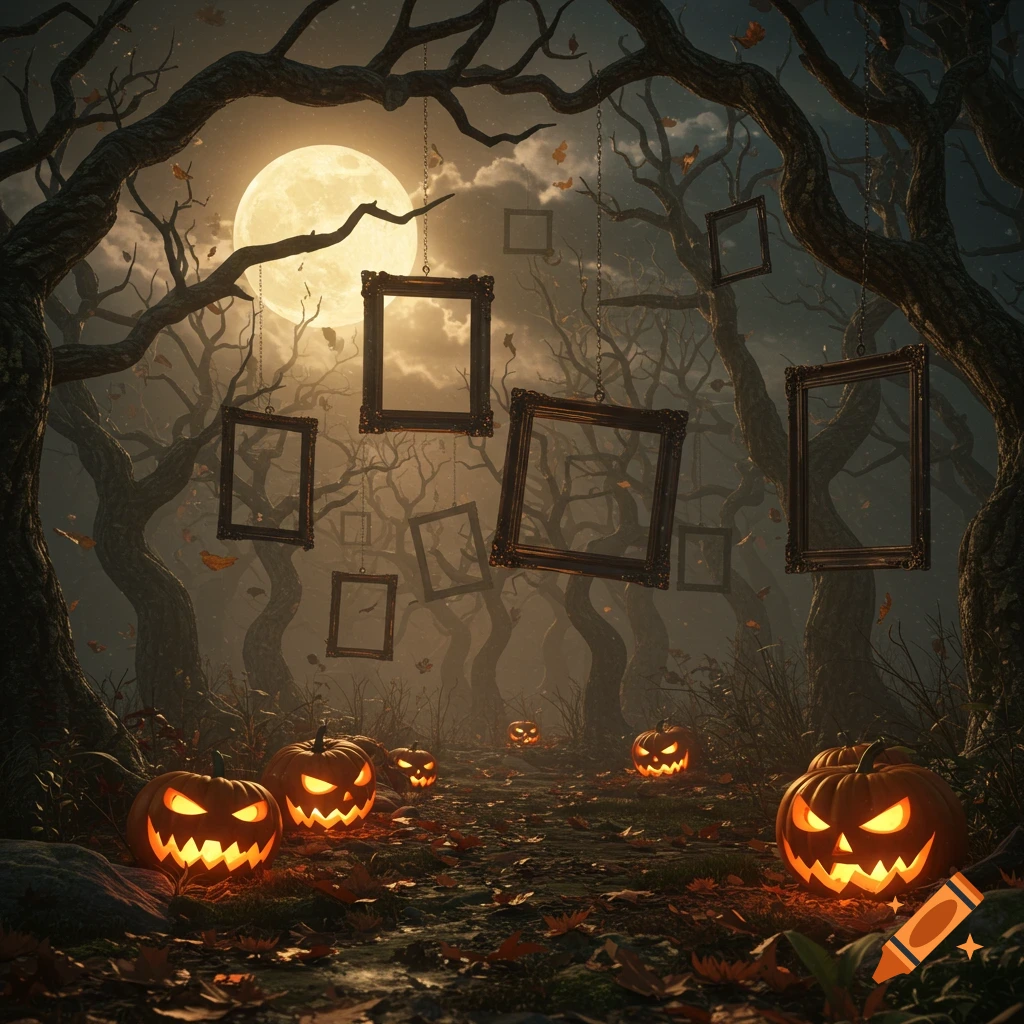 Eerie Halloween forest at night, glowing jack-o'-lanterns, twisted trees, and floating empty frames under a full moon, photorealistic.