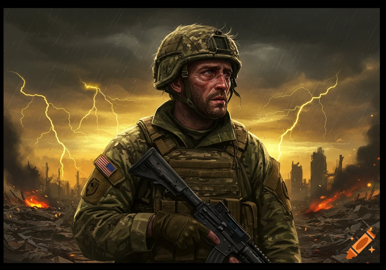 A distressed soldier in military gear stands in a burning, ruined city under a stormy sky with lightning, digital painting.