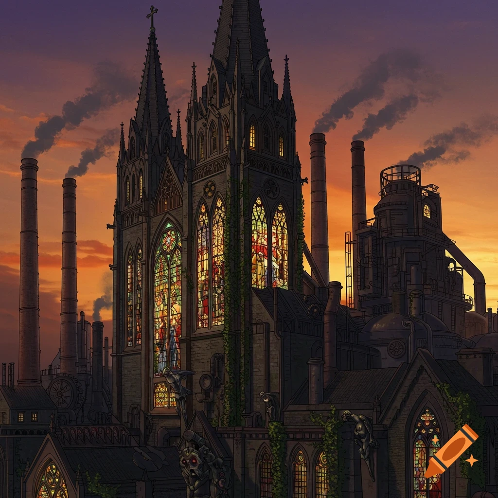 Gothic church and industrial factory hybrid with stained glass windows and smoking chimneys at sunset, digital illustration.