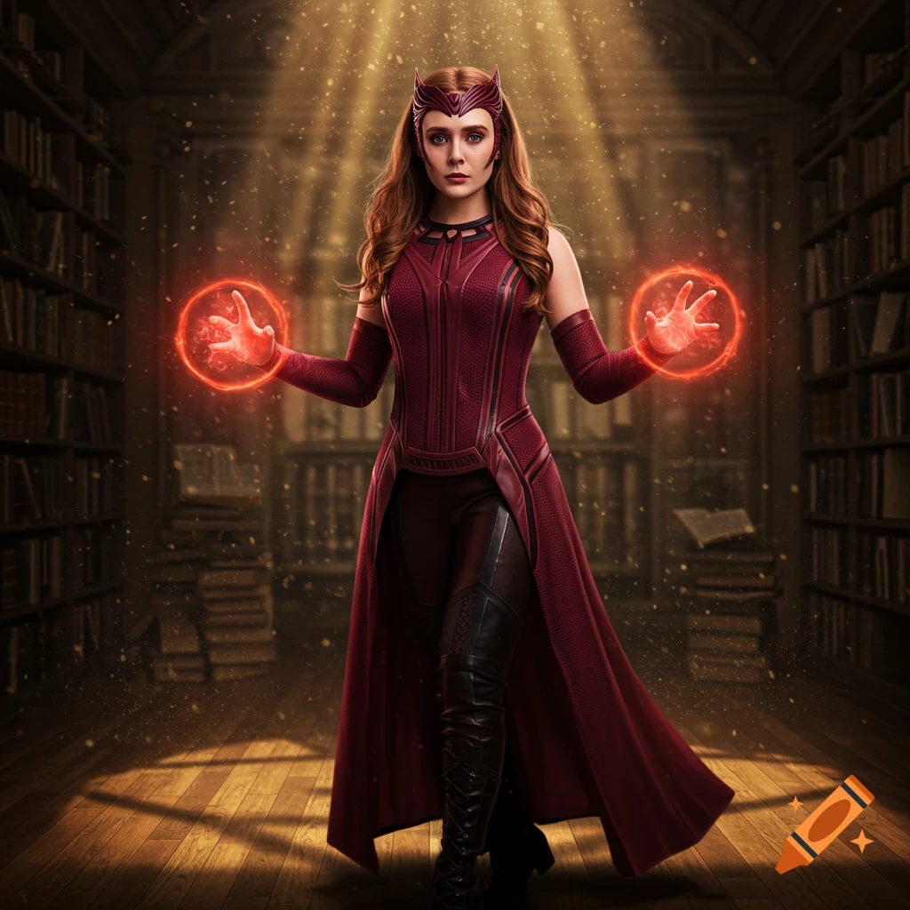 Photorealistic image of a woman in a Scarlet Witch costume, standing in a library with glowing red magic in her hands.