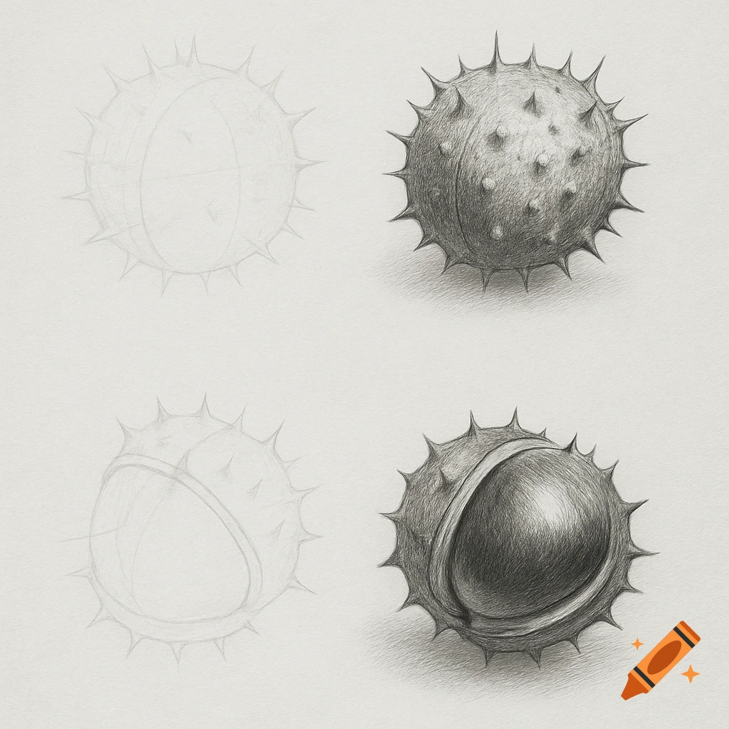 Pencil sketch guide showing four steps to draw horse chestnuts or conkers on a textured paper background.