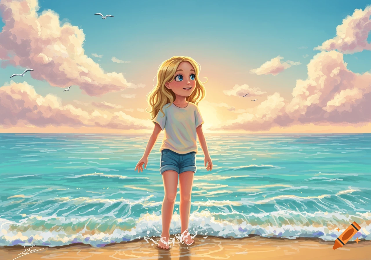 Cartoon illustration of a blonde girl with blue eyes standing in the shallow ocean water at sunset, seagulls flying above.