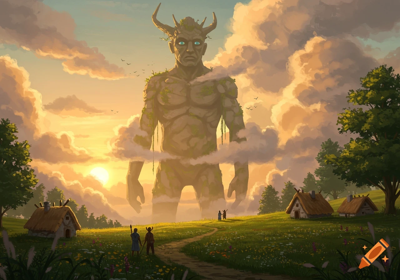 A colossal horned stone giant rises from the clouds over a vibrant sunset landscape with small village huts and tiny figures.