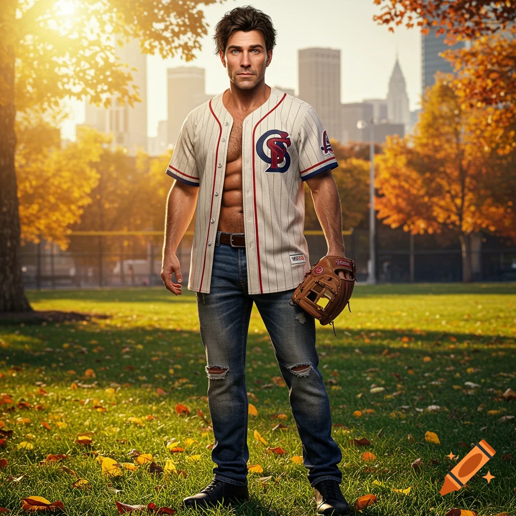 Muscular man in an open baseball jersey and jeans, holding a glove in a sunny park with autumn leaves and a city skyline.