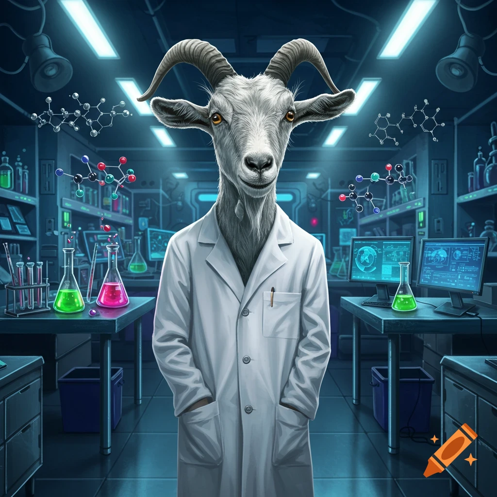 A photorealistic anthropomorphic goat wearing a white lab coat stands in a brightly lit science laboratory with beakers and screens.