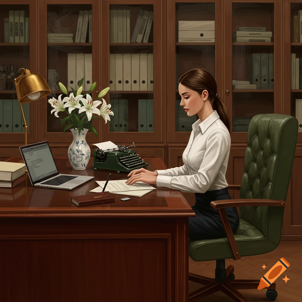 Young woman in a white shirt and dark skirt sits at a wooden desk, typing on papers, with a laptop, typewriter, and lilies in an office.