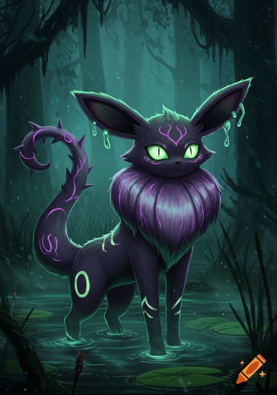 A glowing, dark purple poison-type Eeveelution, resembling a monster from Pokemon, stands in a murky swamp.
