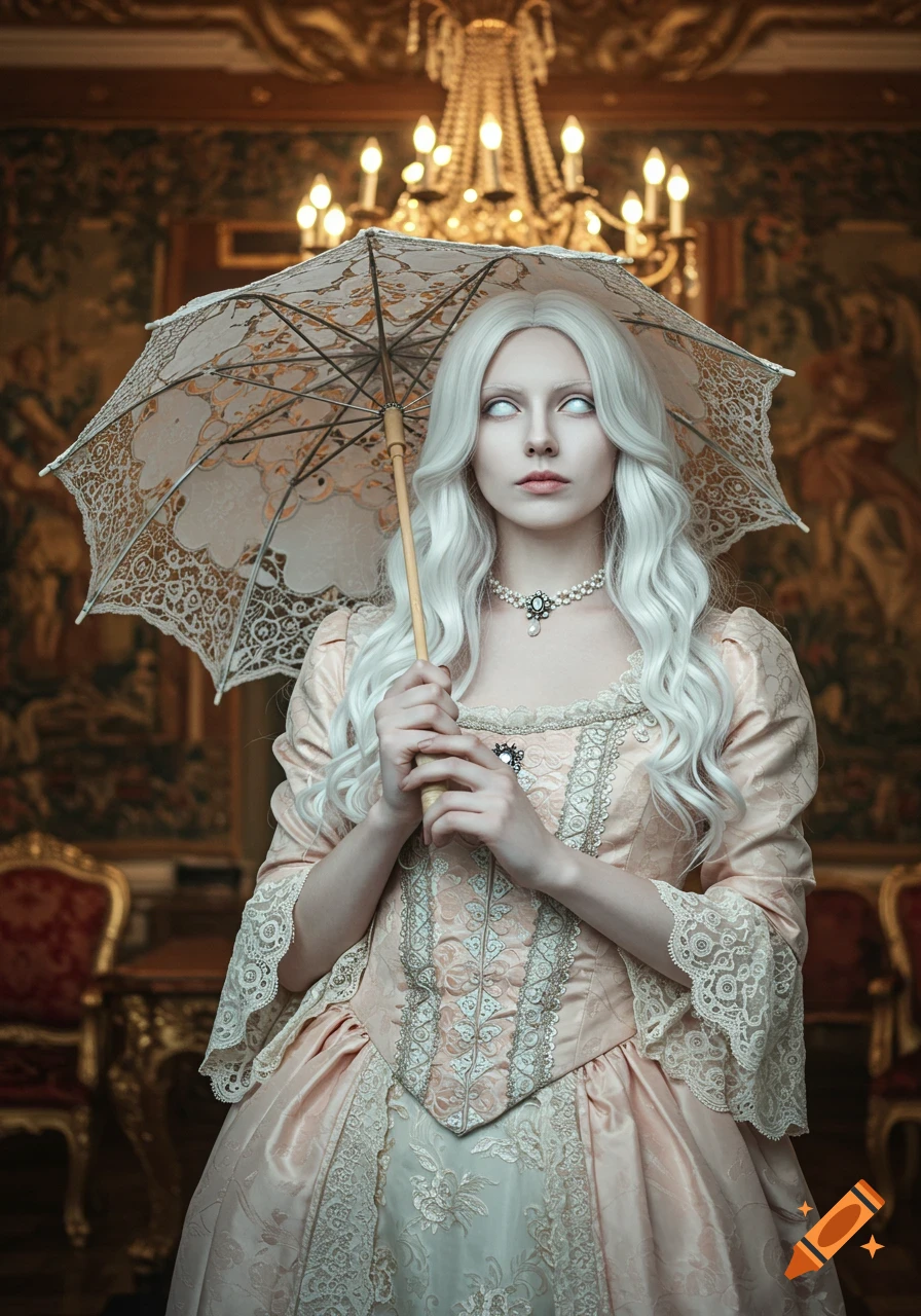 A pale woman with white eyes and long white hair holds a lace parasol, wearing an elaborate peach historical gown in a grand room.