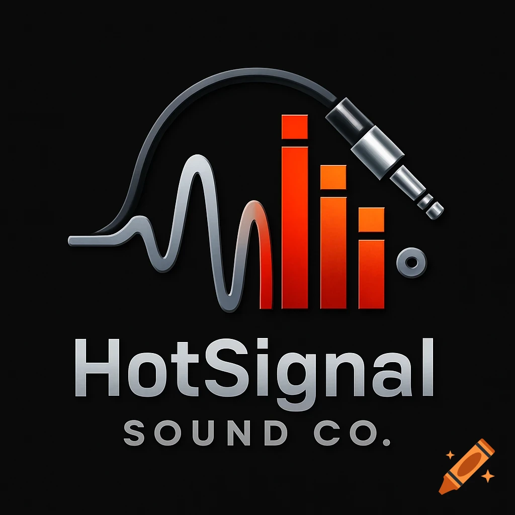 A modern HotSignal Sound Co. logo featuring a silver waveform, red audio level bars, and an audio jack, on a black background.