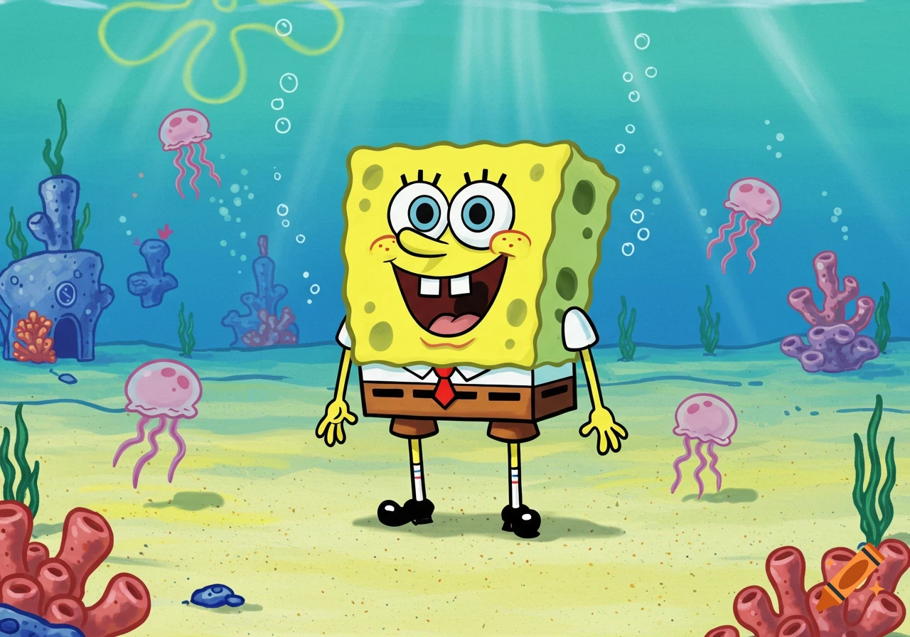 Spongebob Squarepants stands on the ocean floor surrounded by jellyfish and coral, with a happy expression.