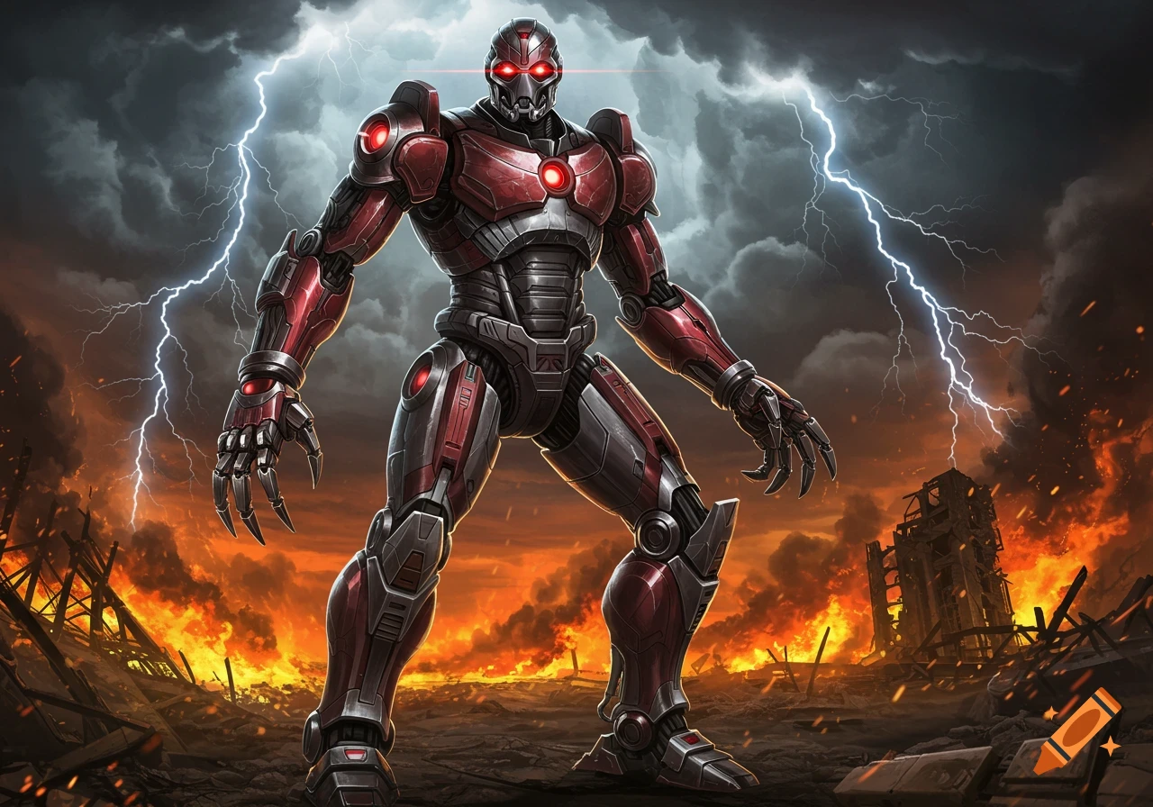 A menacing red and grey robot with glowing red eyes stands in a devastated city engulfed in flames under a stormy sky with lightning.