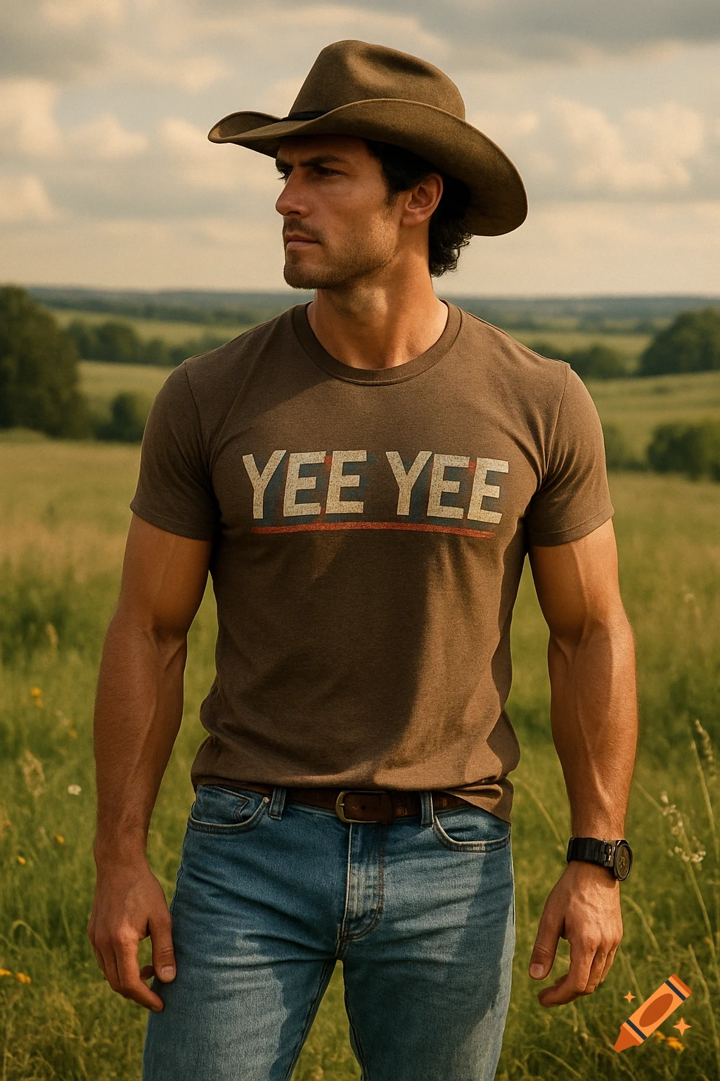 A rugged young man in a cowboy hat and a 'YEE YEE' t-shirt stands in a grassy field, looking into the distance.