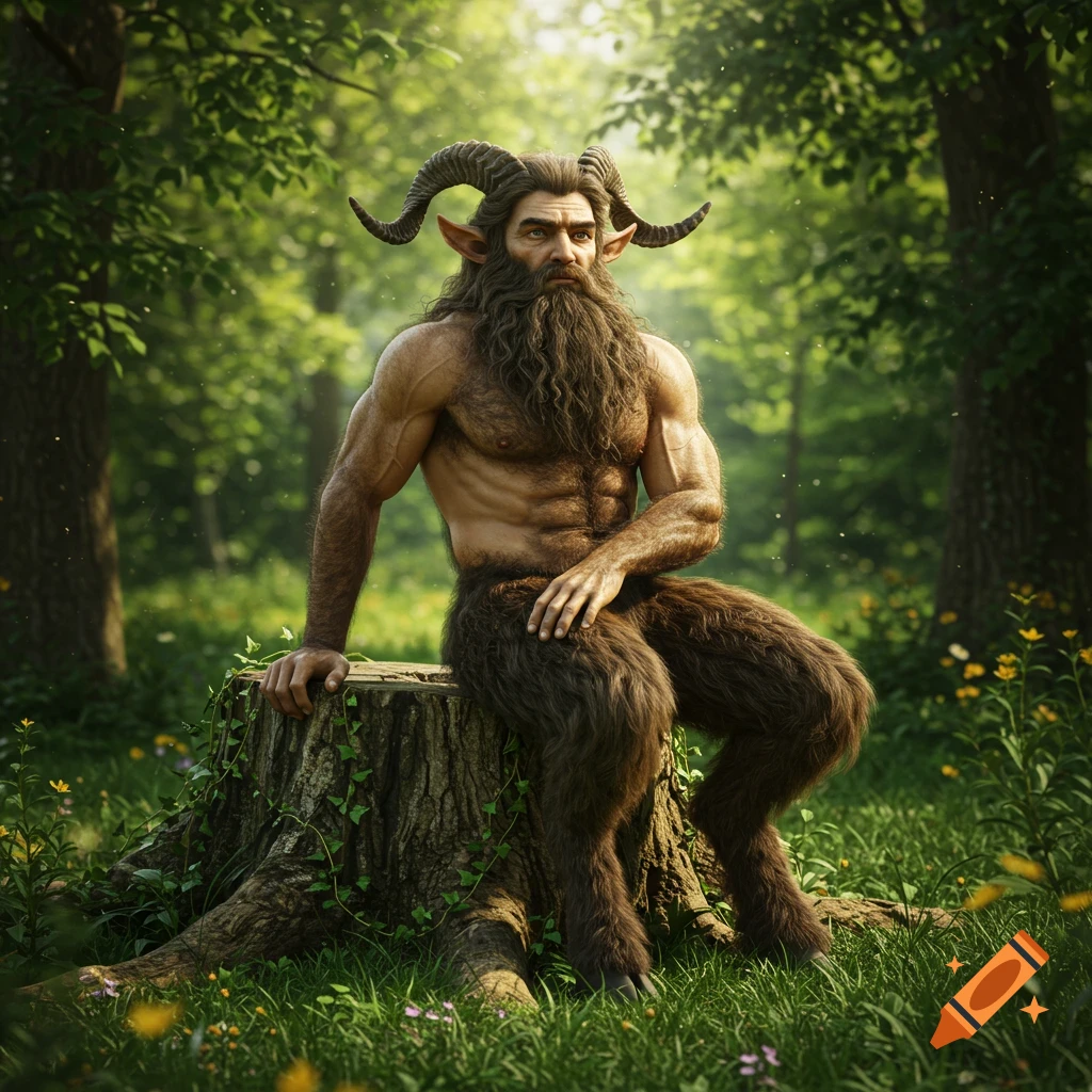 A photorealistic male satyr with horns and a bushy beard sits on a tree stump in a sunlit forest.