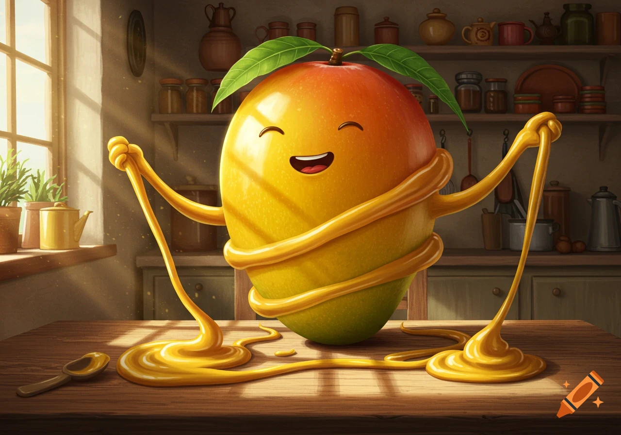 A happy cartoon mango character plays with a long, sticky golden substance, likely honey or mustard, in a sunlit kitchen.