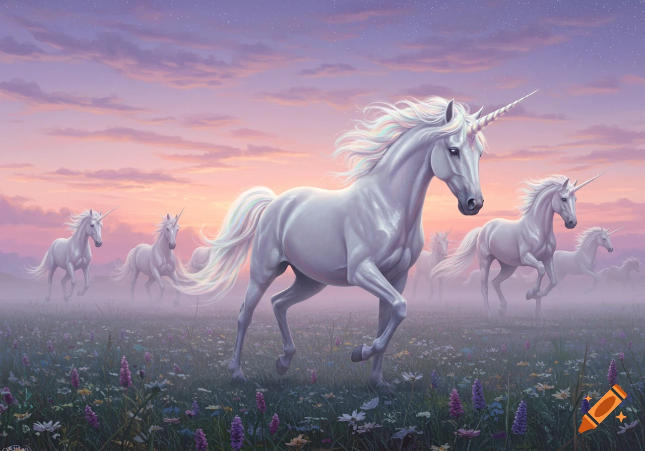 A group of white unicorns with rainbow manes gallop through a misty field of purple wildflowers at sunset under a pastel sky.