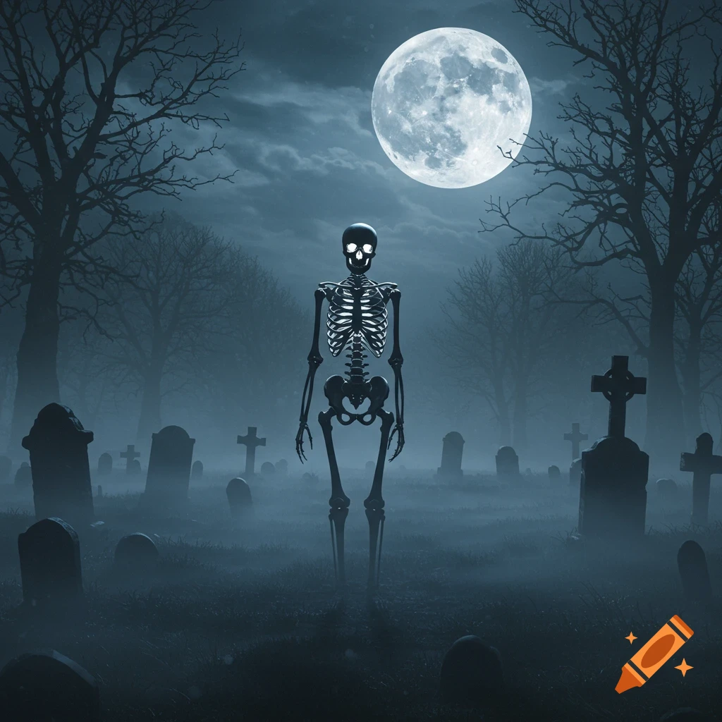 A skeletal figure stands in a misty graveyard under a bright full moon at night, with dark trees and tombstones.