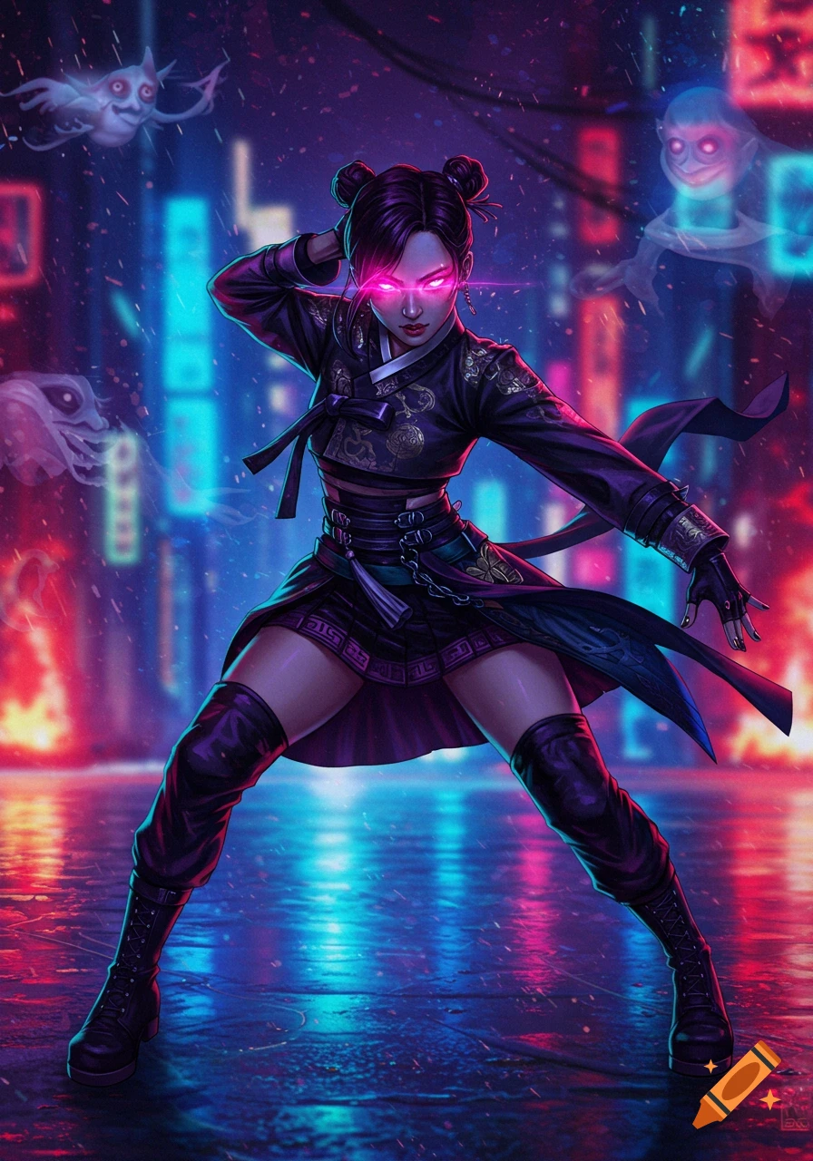 A female demon hunter in a futuristic black hanbok with glowing eyes stands in a neon-lit city street with ghostly figures.