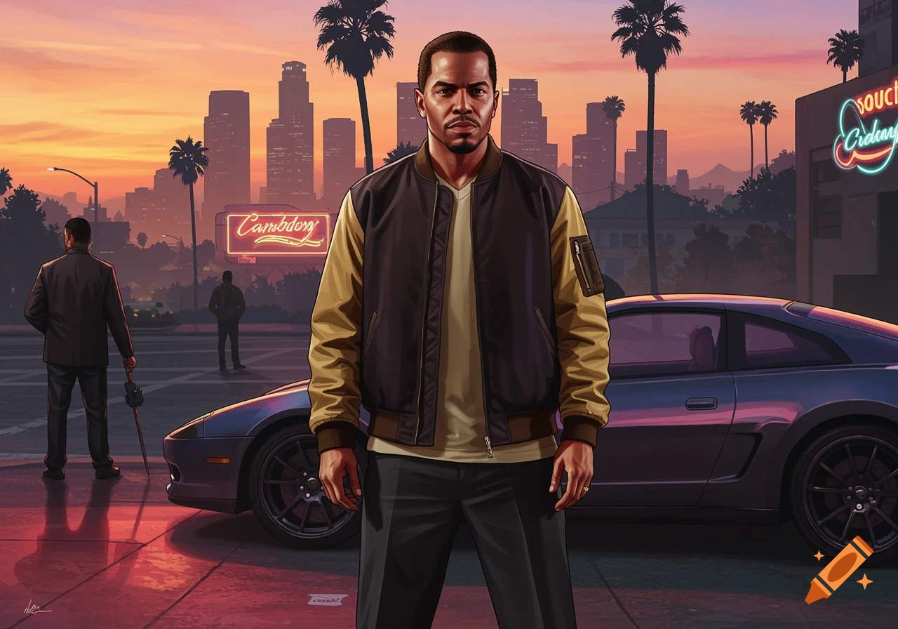 A man in a bomber jacket stands in front of a sports car with a city skyline and palm trees at sunset in a video game art style.
