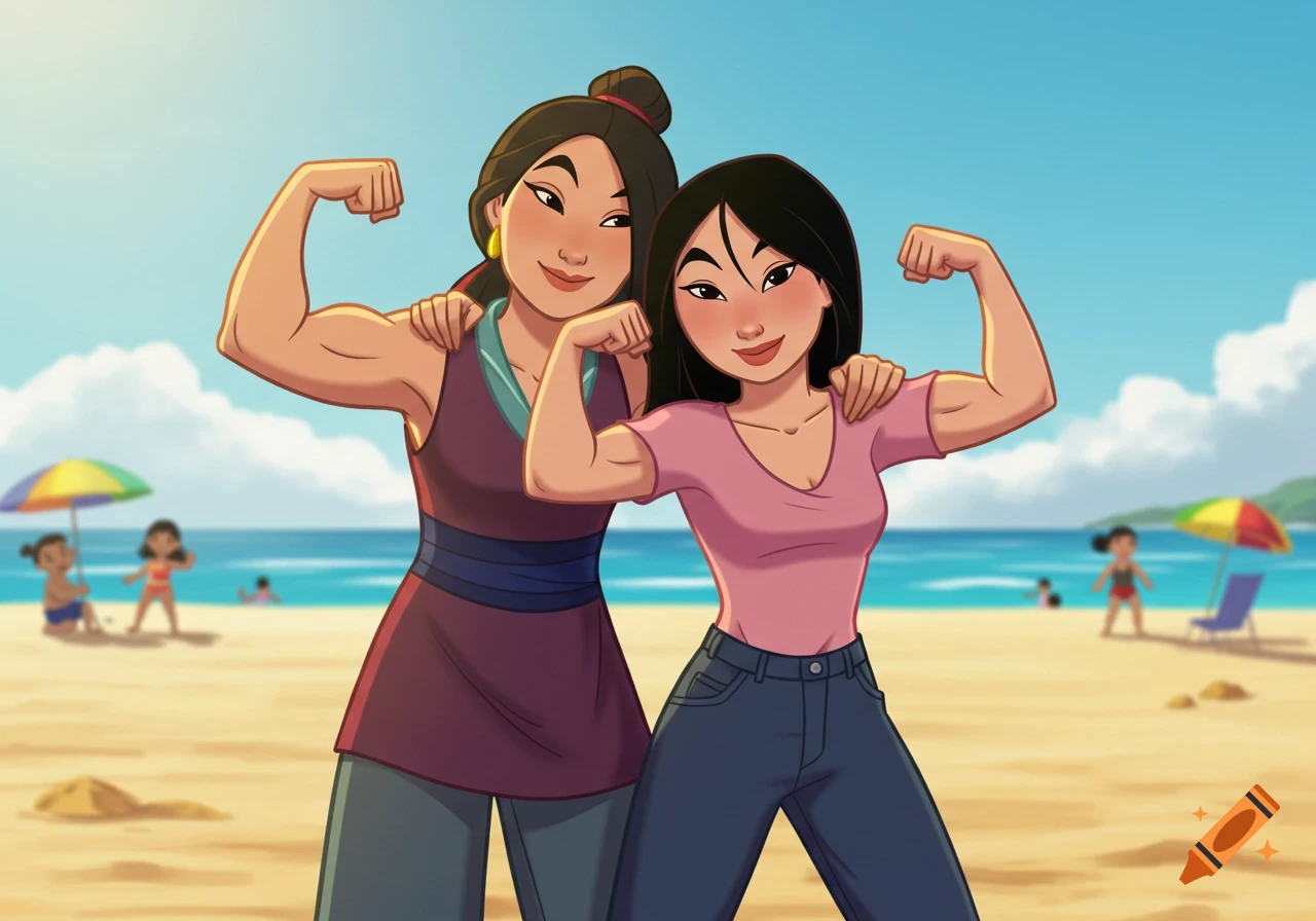 Animated Mulan and her mother smile and flex biceps on a sunny beach.