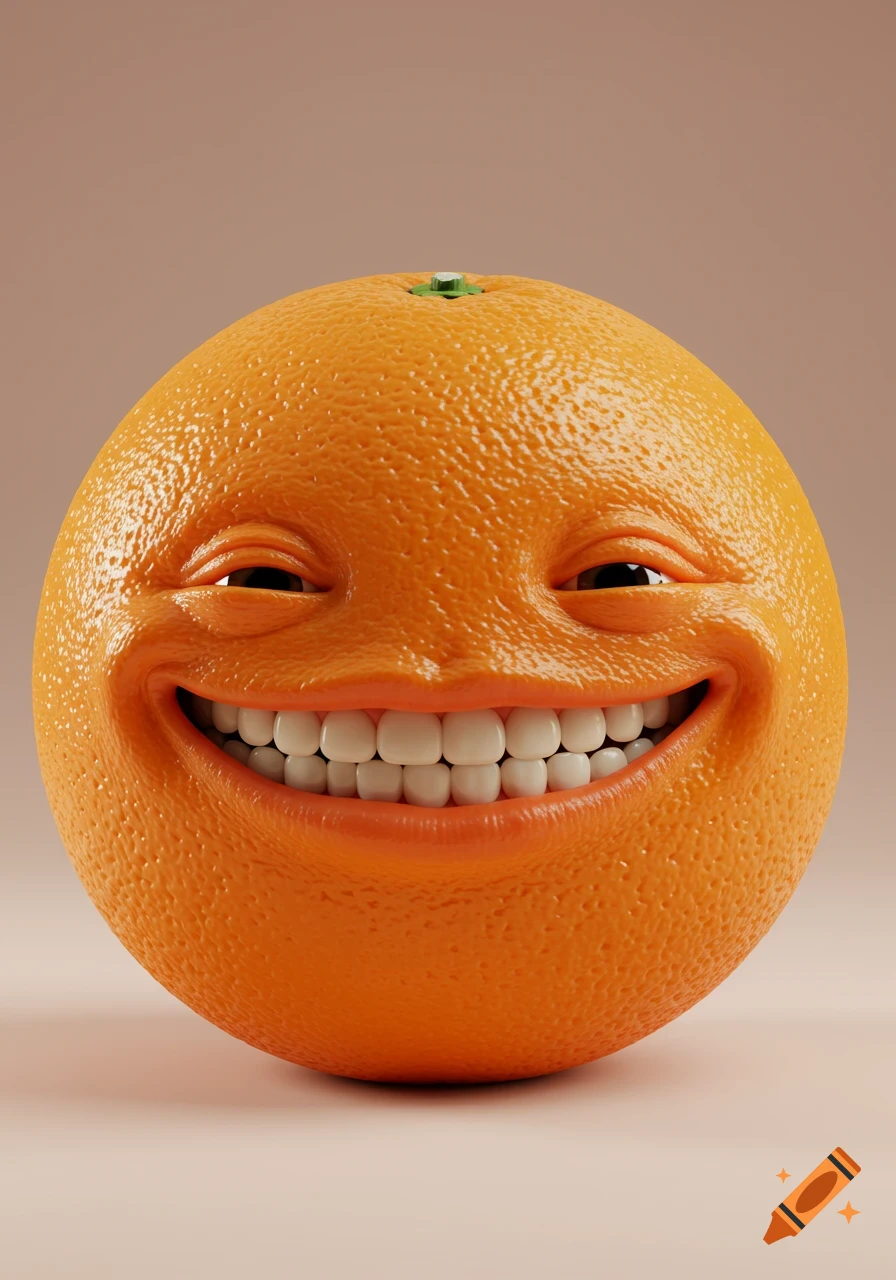 Anthropomorphic orange with a wide, uncanny smile and human teeth, on a plain background.