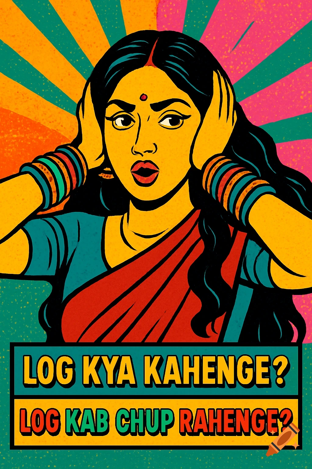 Pop art illustration of an Indian woman covering her ears, with text 'Log kya kahenge? Log kab chup rahenge?'