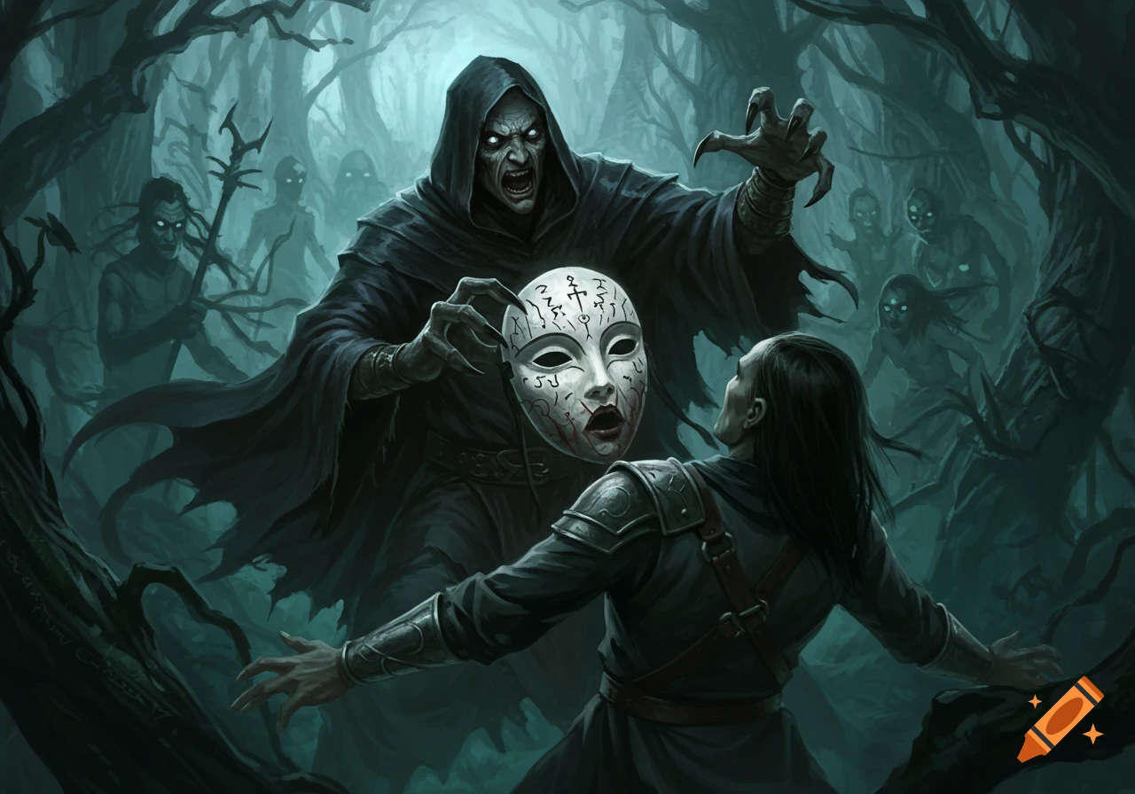 A hooded, monstrous figure in a dark forest offers a blood-stained, symbol-covered white mask to a fearful person, with ghostly figures in the background, in a dark fantasy art style.