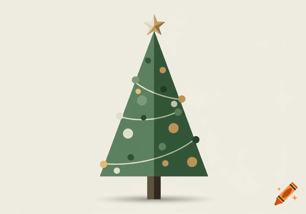 Minimalist flat illustration of a green Christmas tree decorated with ornaments and a golden star.