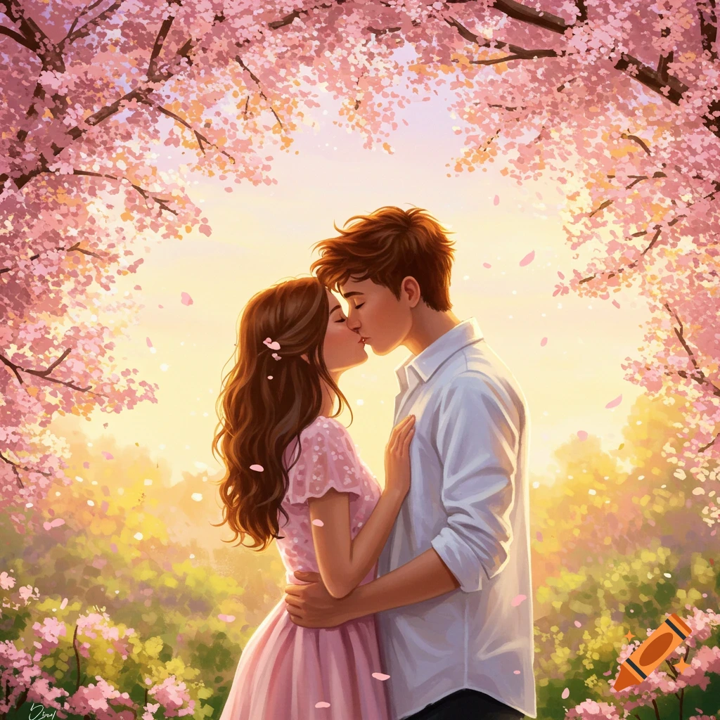 A couple kisses romantically under a canopy of pink cherry blossoms in a dreamy, vibrant artistic style.