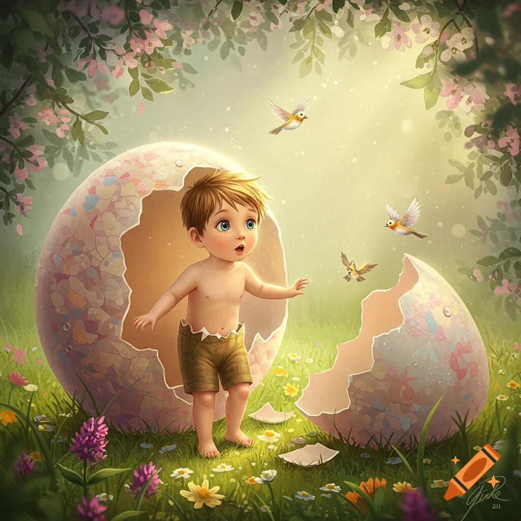 A wide-eyed boy in shorts emerges from a cracked Easter egg in a whimsical, flower-filled forest, with small birds flying around him.