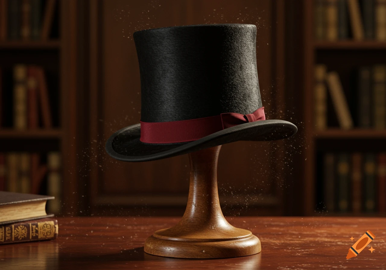 A photorealistic image of a black top hat with a red ribbon, resting on a wooden stand in a dimly lit library with books.