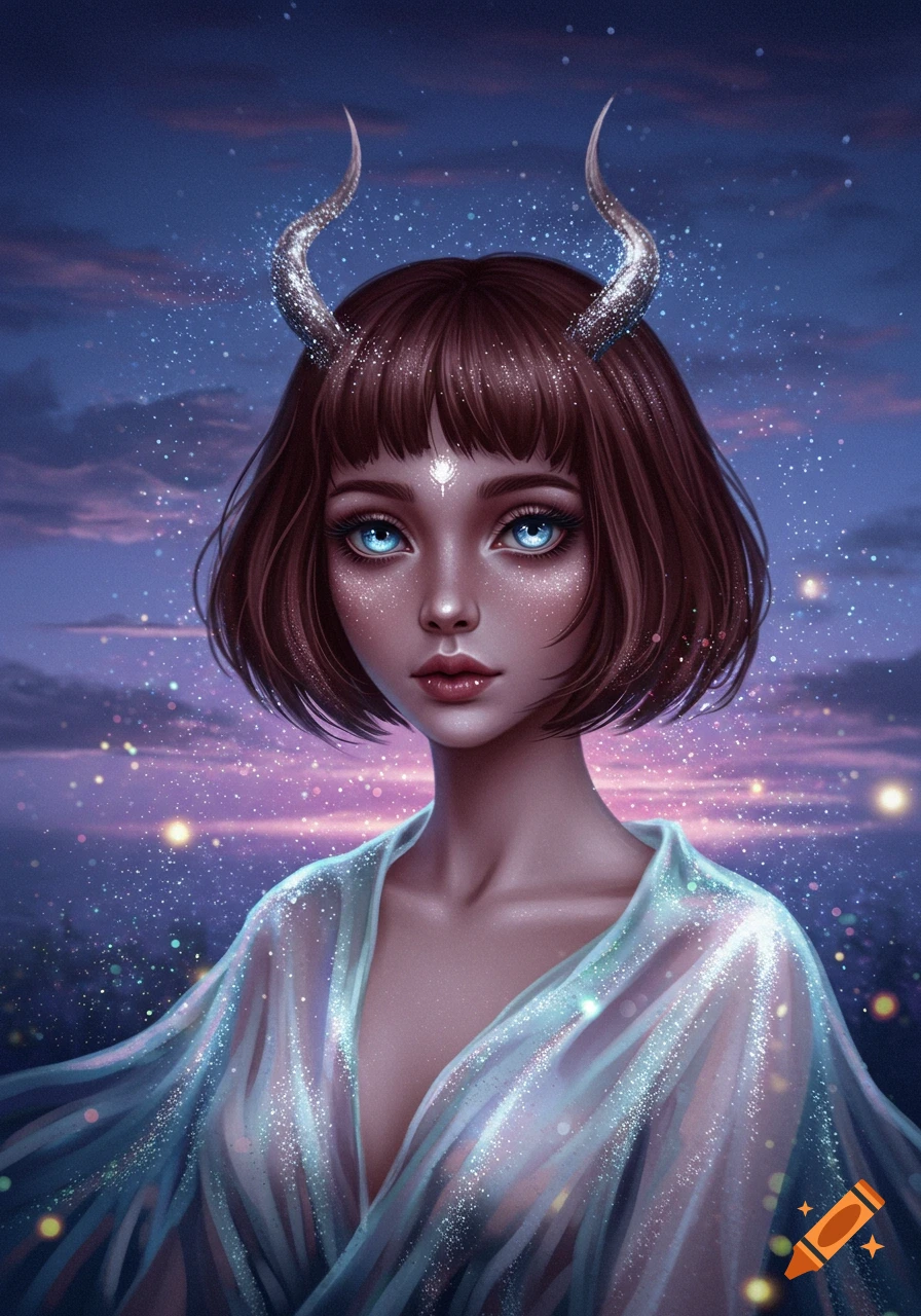 Ethereal woman with short brown hair, blue eyes, sparkling horns, and a sheer top against a dreamy, starry purple sky.