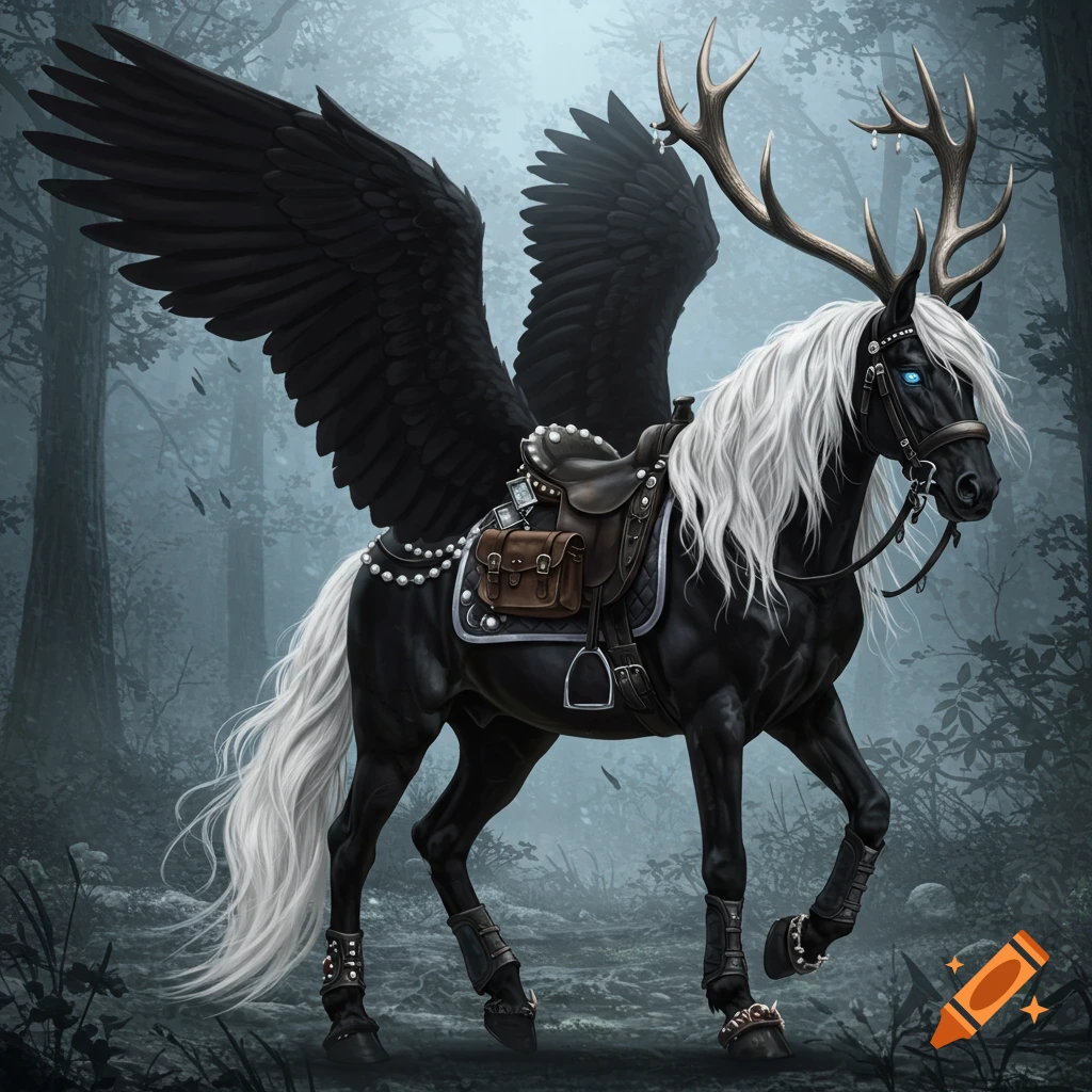 A majestic black winged horse with a white mane, antlers, and striking blue eyes, adorned with a jewel-encrusted saddle and satchel, stands in a misty forest.