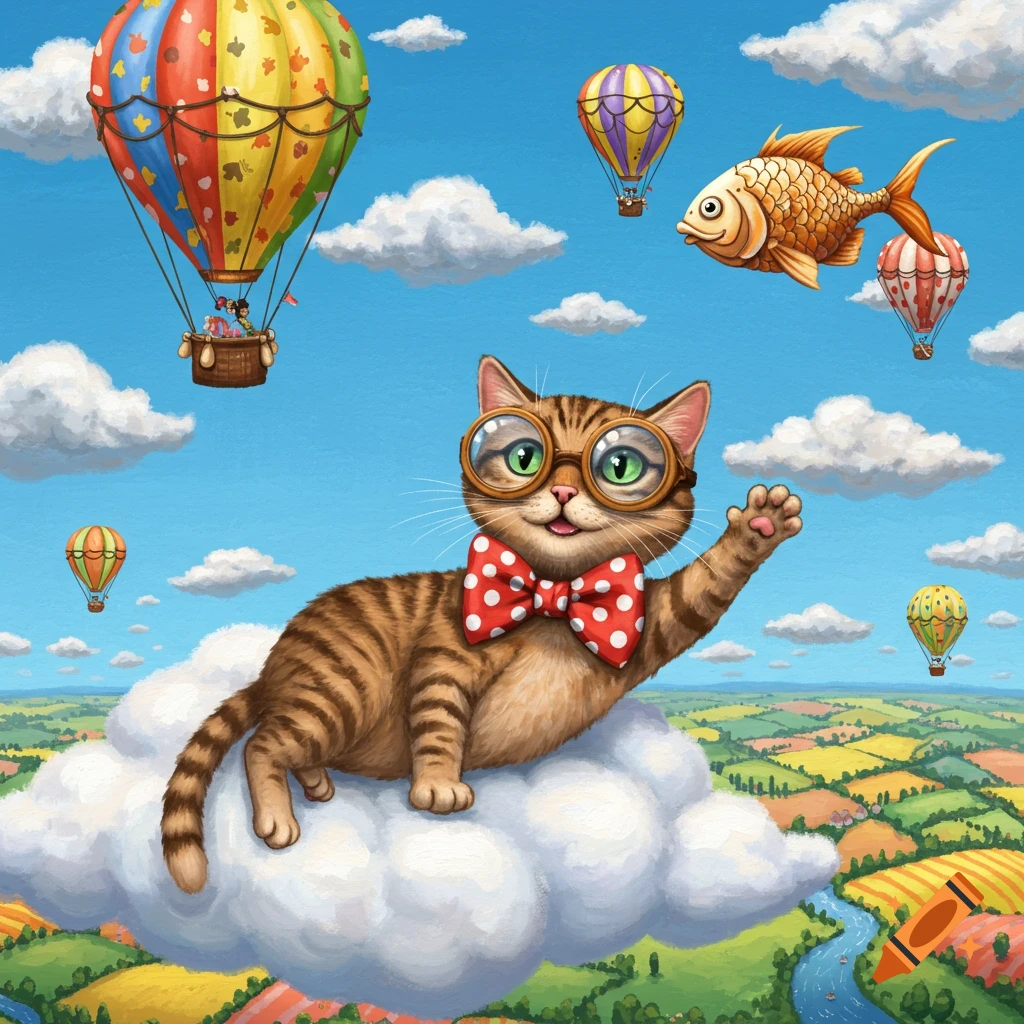 Illustrated tabby cat with goggles and a polka-dot bow tie waves from a cloud, surrounded by hot air balloons, a flying fish, and a colorful landscape.