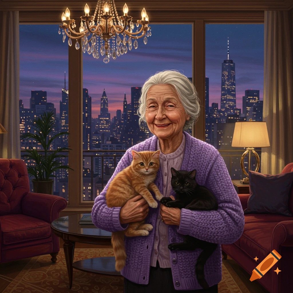 A smiling old woman holding an orange and a black cat in a luxurious penthouse apartment overlooking a vibrant New York City skyline at night.