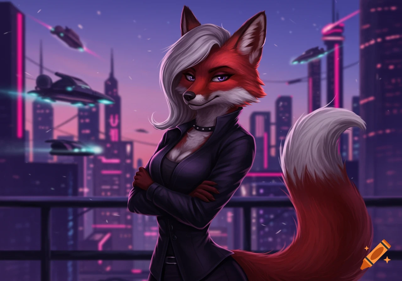 A stylized red fox woman with white hair and purple eyes, wearing a black suit, stands against a neon-lit cyberpunk city skyline with flying vehicles.
