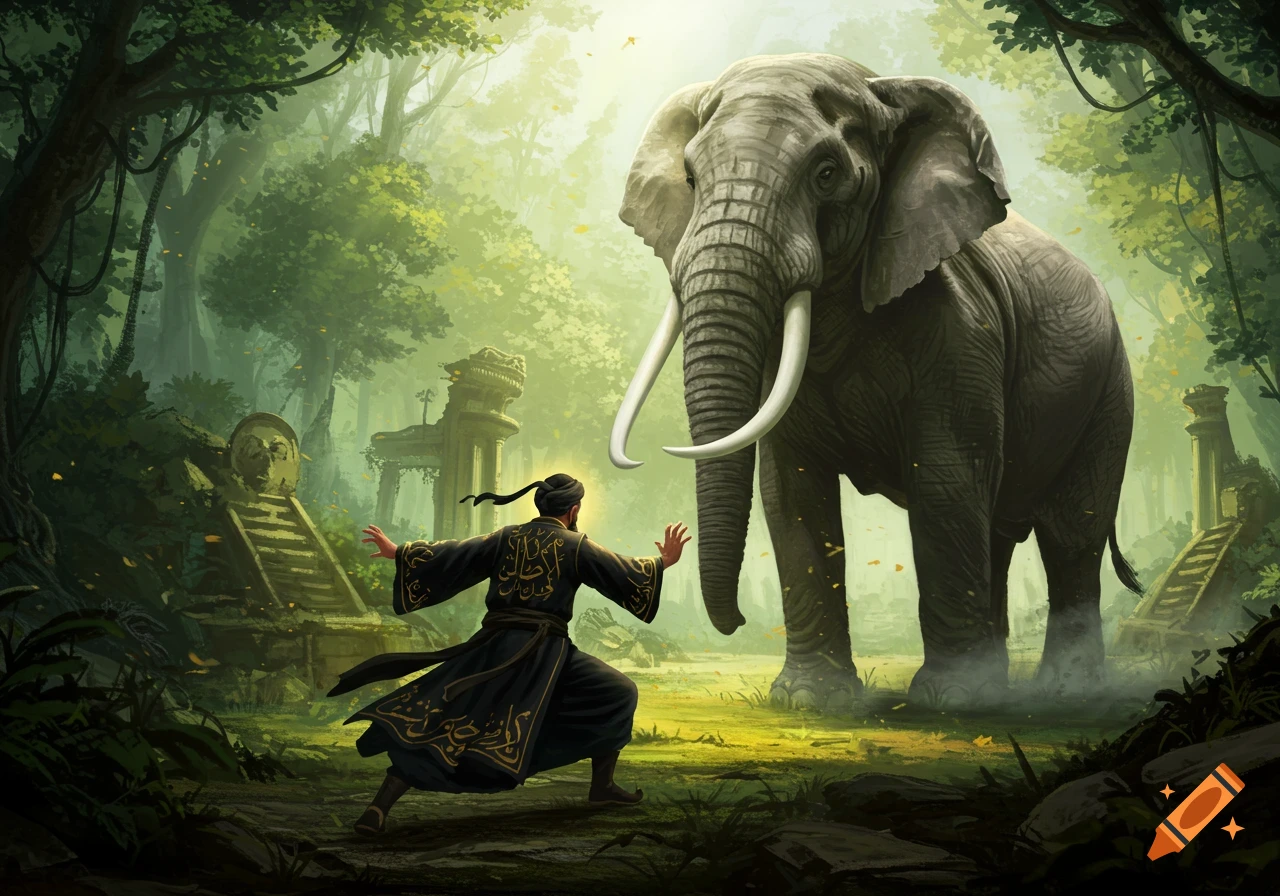 A man in a black and gold robe confronts a large elephant in a lush, sunlit jungle with ancient stone ruins.