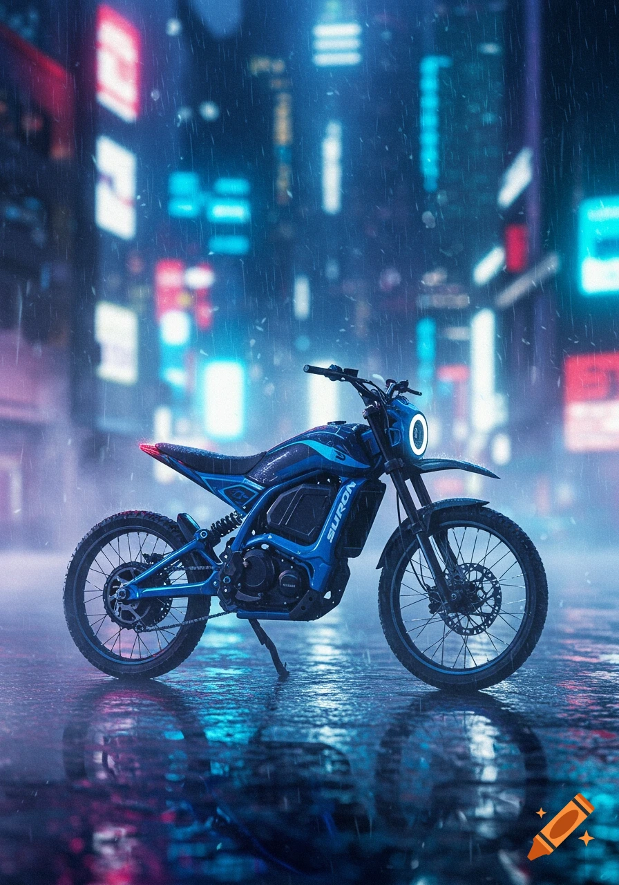 A blue Surron electric dirt bike parked on a wet street in a neon-lit cyberpunk city, with rain falling.