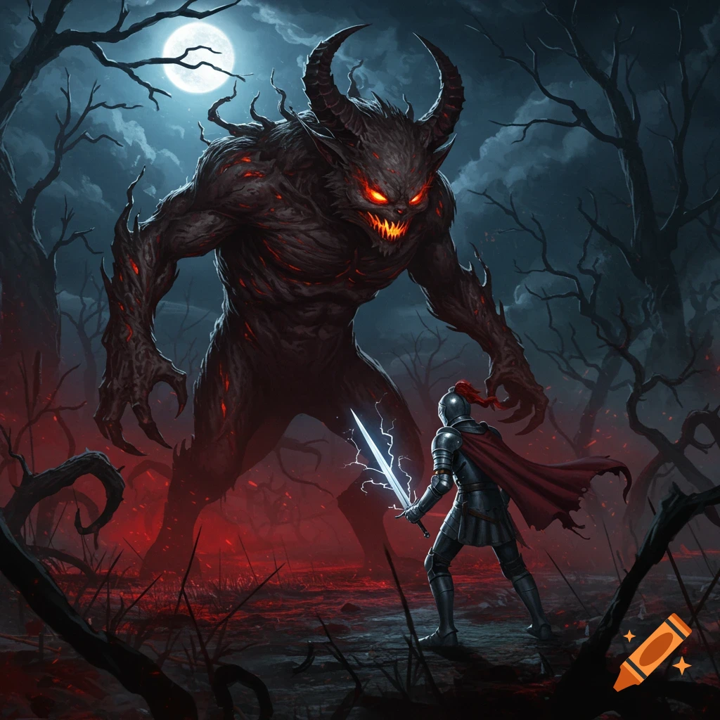 A knight with a glowing sword stands before a towering horned demon with glowing eyes in a dark, fiery forest under a full moon.