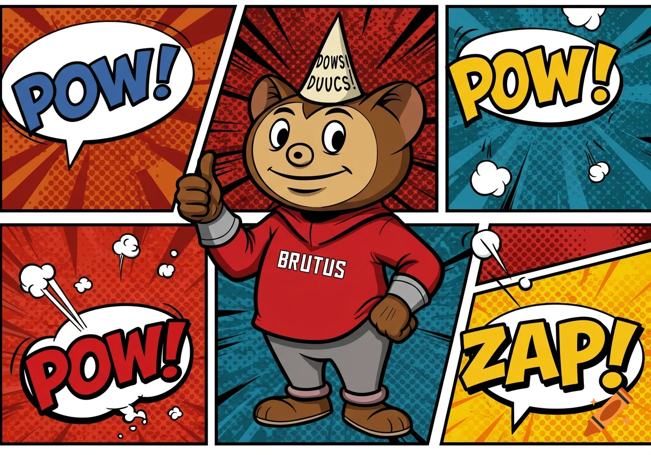 Brutus the Buckeye mascot in comic book style, wearing a red hoodie and dunce cap, giving a thumbs up with 'POW!' and 'ZAP!' effects.