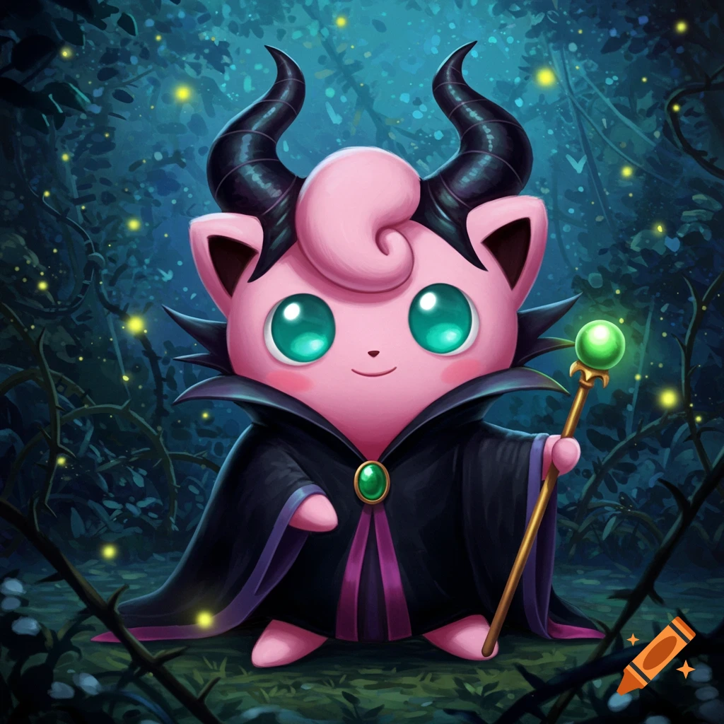 A cute pink Jigglypuff Pokémon dressed as Maleficent, with black horns and cape, holding a glowing green staff in a dark, magical forest.