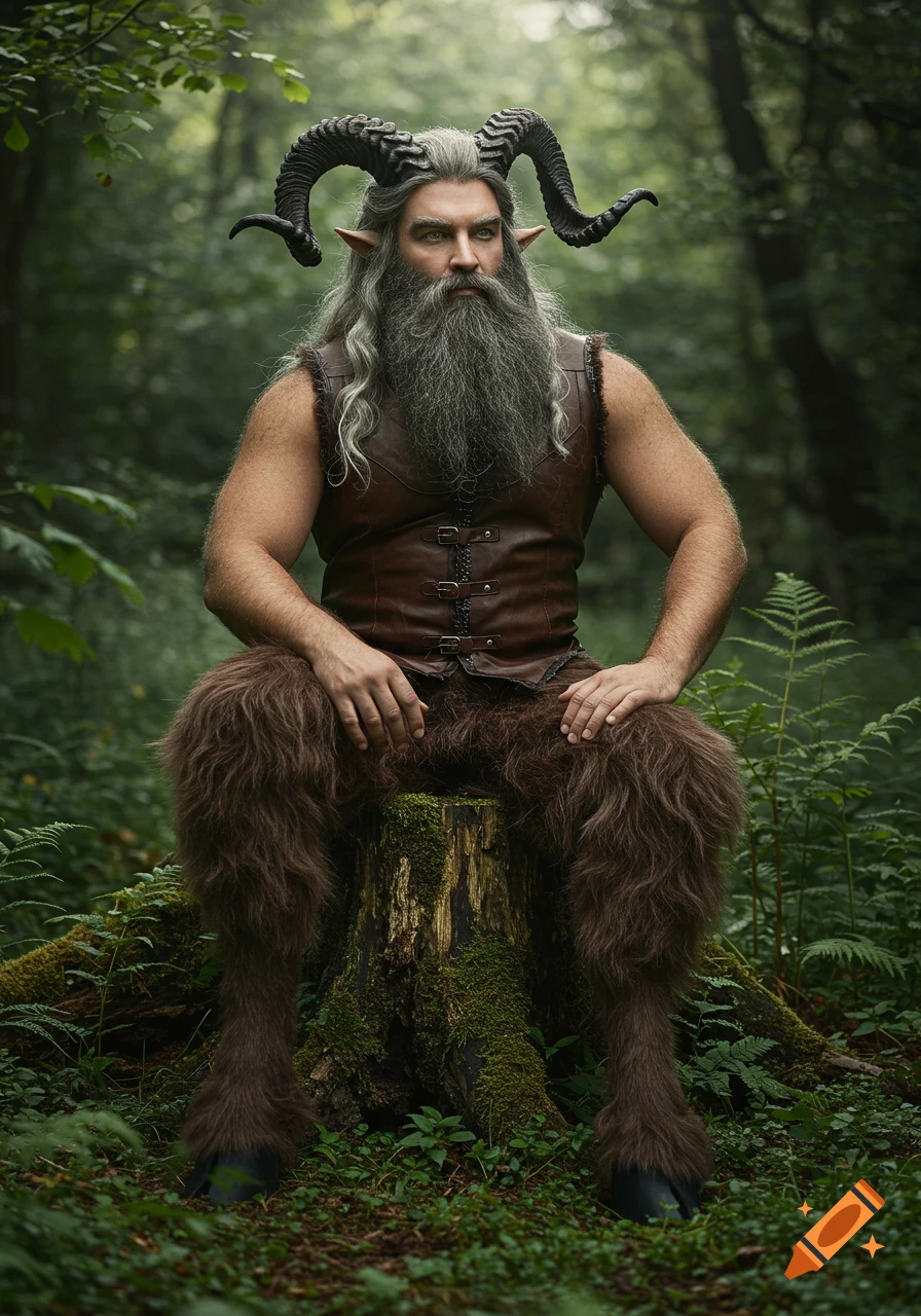 Photorealistic image of a male satyr with a long beard and horns, wearing a vest, sitting on a mossy tree stump in a lush forest.
