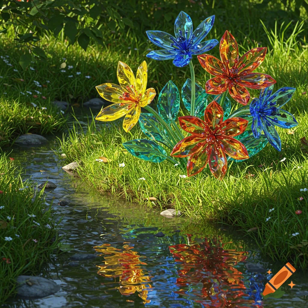Bright red, yellow, and blue crystal flowers by a stream in a lush green grassy bank, with reflections in the water.