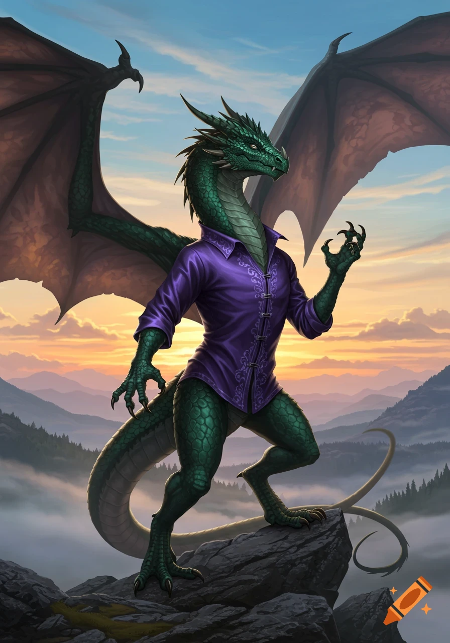 A green dragon wearing a purple shirt stands on a rocky mountain peak overlooking a misty valley at sunset.