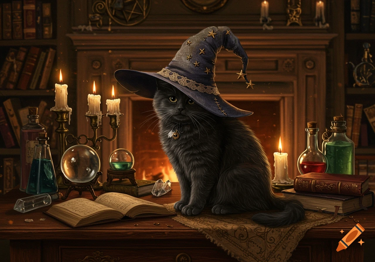 A black cat in a wizard hat sits among spell books, potions, and glowing candles in a dimly lit, magical study.