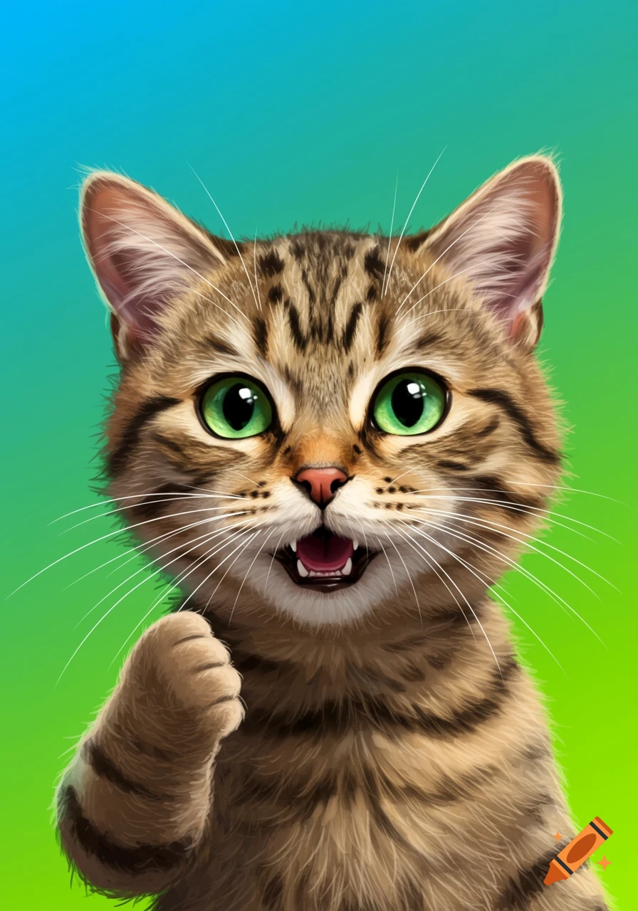 Cartoon tabby cat with green eyes, open mouth, and a raised fist, mimicking the 'Success Kid' meme, against a blue-green gradient.